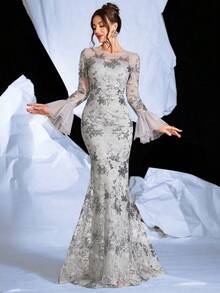 Đầm dạ hội tay loe đính sequin, thiết kế thắt eo tôn dáng, thích hợp cho khách dự đám cưới, tiệc chiêu đãi, các dịp trang trọng mùa xuân. - Xám - Xem 1