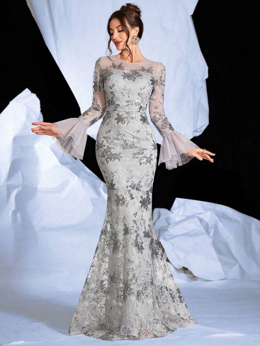 Đầm dạ hội tay loe đính sequin, thiết kế thắt eo tôn dáng, thích hợp cho khách dự đám cưới, tiệc chiêu đãi, các dịp trang trọng mùa xuân. - Xám - Xem 1