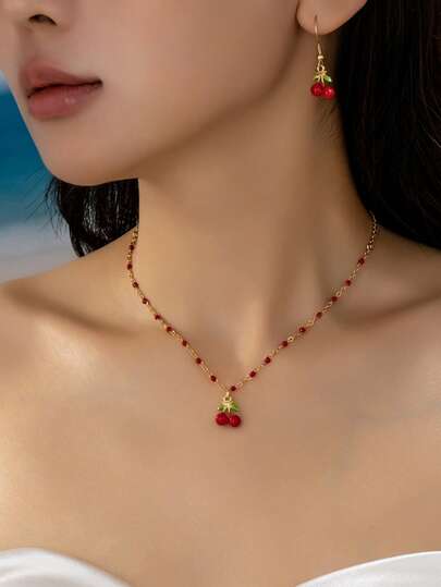 3件套珐琅樱桃吊坠项链和樱桃耳环套装，红色樱桃首饰套装，适合女性日常佩戴