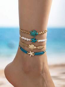1 Pc Boho Bohemian Handwoven Sea Turtle Starfish Anklet - Adjustable Beach Foot Jewelry For Women, Vocation Chic Style Anklets Set - Multicolor - View 7