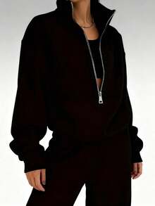 Women's Oversized Half Zip Tracksuit High Neck Loose Fit Sweatshirt And Wide Leg Pants Set Women's Casual Oversized 2 Piece Tracksuit Half Zip High Neck Sweatshirt And Wide Leg Pants Loungewear Cozy Must-Have! Women's Oversized Half Zip Tracksuit High Neck Loose Fit Sweatshirt & Pants Stylish & Comfortable: Women's Oversized 2 Piece Half Zip Tracksuit High Neck Sweatshirt Outfit - 黑色 - 查看 4