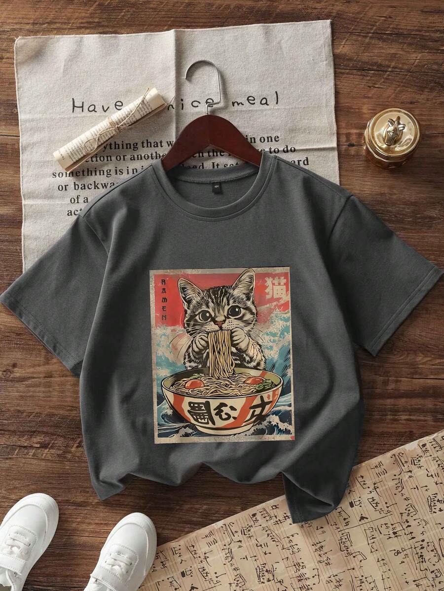 少女休闲印花圆领短袖T恤，夏季上衣 - 深灰色 - 查看 1