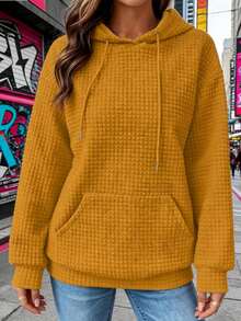 2026 New Women's Styles For Early Spring European & American Style Waffle Knit Texture Hooded Drawstring Kangaroo Pocket Loose Sweatshirt, Soft & Comfortable, Multiple Colors Available, Versatile For Commute, Gym, Casual Wear & Vacation, Bestselling Top - 黃色 - 查看 2