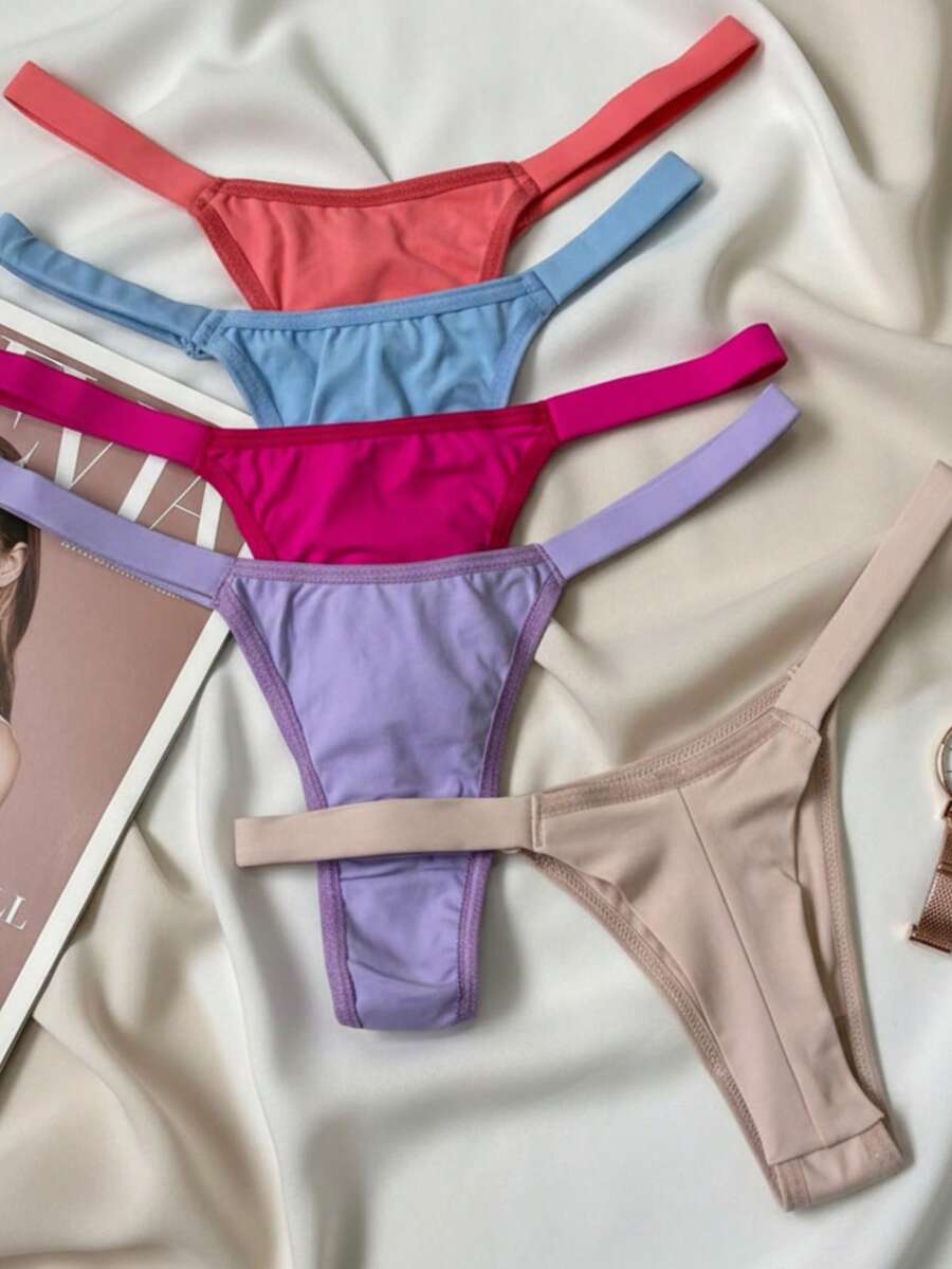 Set Of 5 Double String Bikini Panties, No Tan Lines, Lingerie, Women's Intimate Apparel, Thong With Straps, Sensual - 彩色 - 查看 1