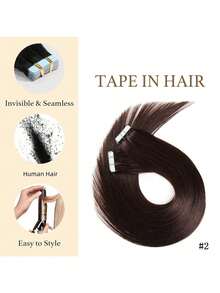 [20 Pieces/Pack/50 G, 40-66 Cm, Dark Brown 2#, Real Hair Extensions] Tape-In Real Hair Extensions, Remy Quality, Straight, Invisible Adhesive Strips. Suitable For Women For Daily Use. - S2 - 查看 2