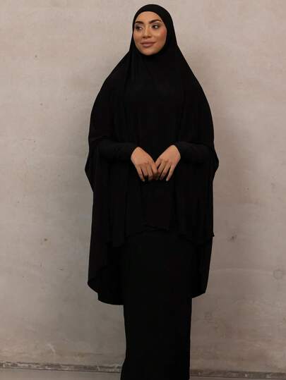 1 adet Kadın Düz Renk Uzun Kollu Jilbab Tek Parça Kapüşonlu Elbise, Günlük Kullanıma Uygun Rahat Bol Khimar Başörtüsü, Müslüman Başörtüsü