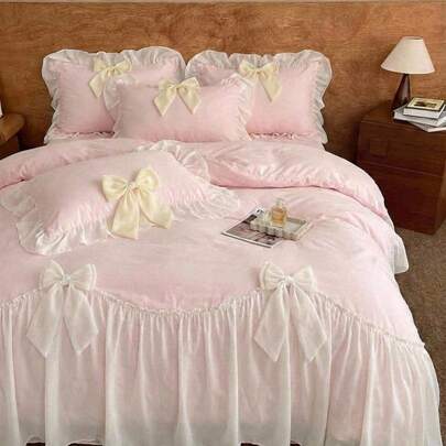 Joivida Juego de ropa de cama de 3 piezas con estilo de princesa, funda nórdica y fundas de almohada con decoración de moño blanco (sin relleno)
