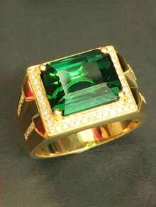 1pc Men's Fashion Luxury Personalized Emerald Zirconia Ring, Wedding Engagement Party Jewelry Gift - Gold - View 12