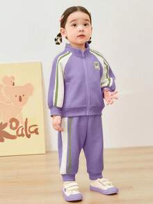 mini bala Conjunto deportivo para niño preadolescente, chaqueta con cremallera de manga larga a rayas con diseño gráfico de letras y pantalón de chándal, de tela de punto suave - rosa morado - Ver 2