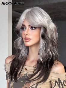 NICKY WALL 20 Inch Long Wavy Wave White Wig With Curtain Bangs,Black Ombre, Heat Resistant Synthetic Fiber Wig, Suitable For Daily Wear Party Use - 漸層黑色 - 查看 4