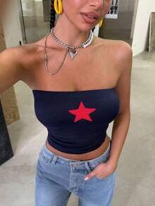 Top de tirantes sin mangas con estampado de estrellas azul marino, uso casual para verano, primavera, fiestas en la playa, resort, club - Azul Marino - Ver 3