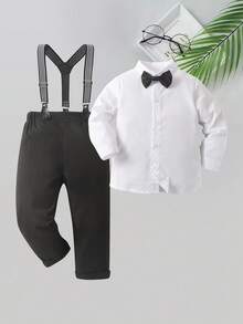 BOARNSEORL 两件套男婴绅士套装 - 白色长袖衬衫配领结和黑色背带裤，时尚百搭，适合生日派对、活动、周年纪念、婚礼等场合。 - 黑色 - 查看 1