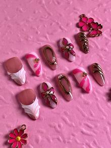 10PCS Women Nails Press On Nails Handmade Valentine's Day Pink Nails Gold Line 3D Floral Design Acrylic Material Reusable Easy Apply Remove Ins Style Handmade Press On Nail Set With Nail Charms Nail Glue Nail Stickers - Multicolor - View 4