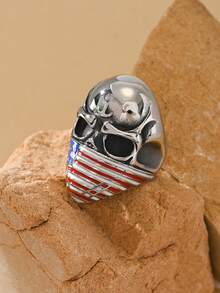1pc Stainless Steel Punk Gothic Skull Head USA Flag Stars And Stripes Pattern Men's Rings American Independence Day, Party Jewelry Gift - Flag Skull - View 14