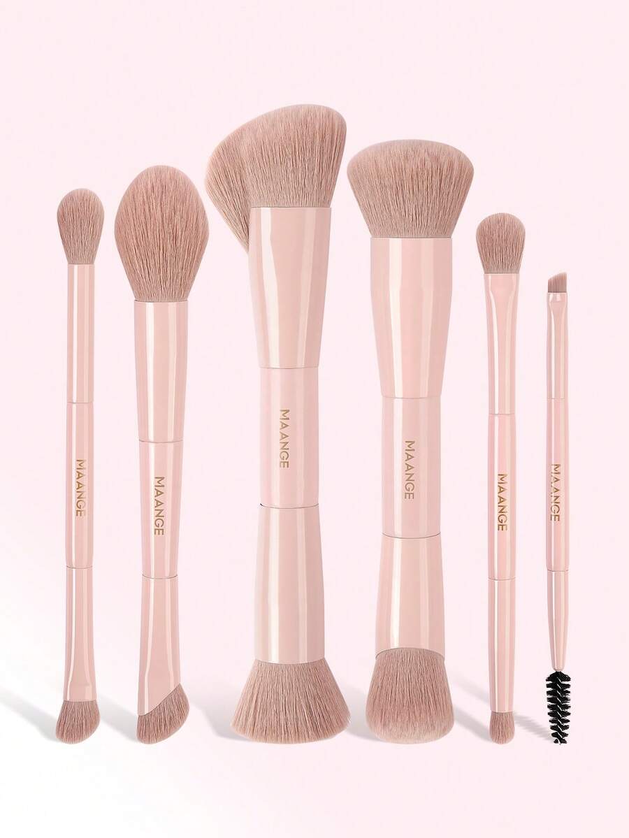 MAANGE 6pcs Professional Dual-Ended Makeup Brush Set, Includes Foundation Brush, Powder Brush, Eyeliner Brush, Eyeshadow Brush, Lash Brush, Brow Brush, Contour Brush, Concealer Brush, Blush Brush, Highlighter Brush, Soft Fibers Gentle On Skin, Suitable For Daily Use And Travel, Portable Makeup Brush Set, Gift For Women And Girls - Dusty Pink - View 1