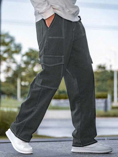 1pc Tween Boys' Vintage Casual Minimalist Denim Effect Pocket Cargo Pants, Suitable For Spring, Summer, Autumn And Winter