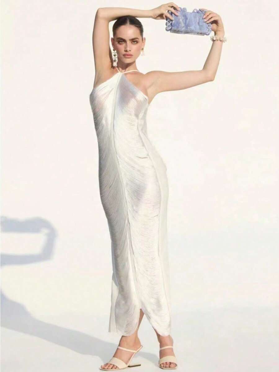 Vestido con cuello de abertura en la espalda y flecos - Blanco - Ver 1