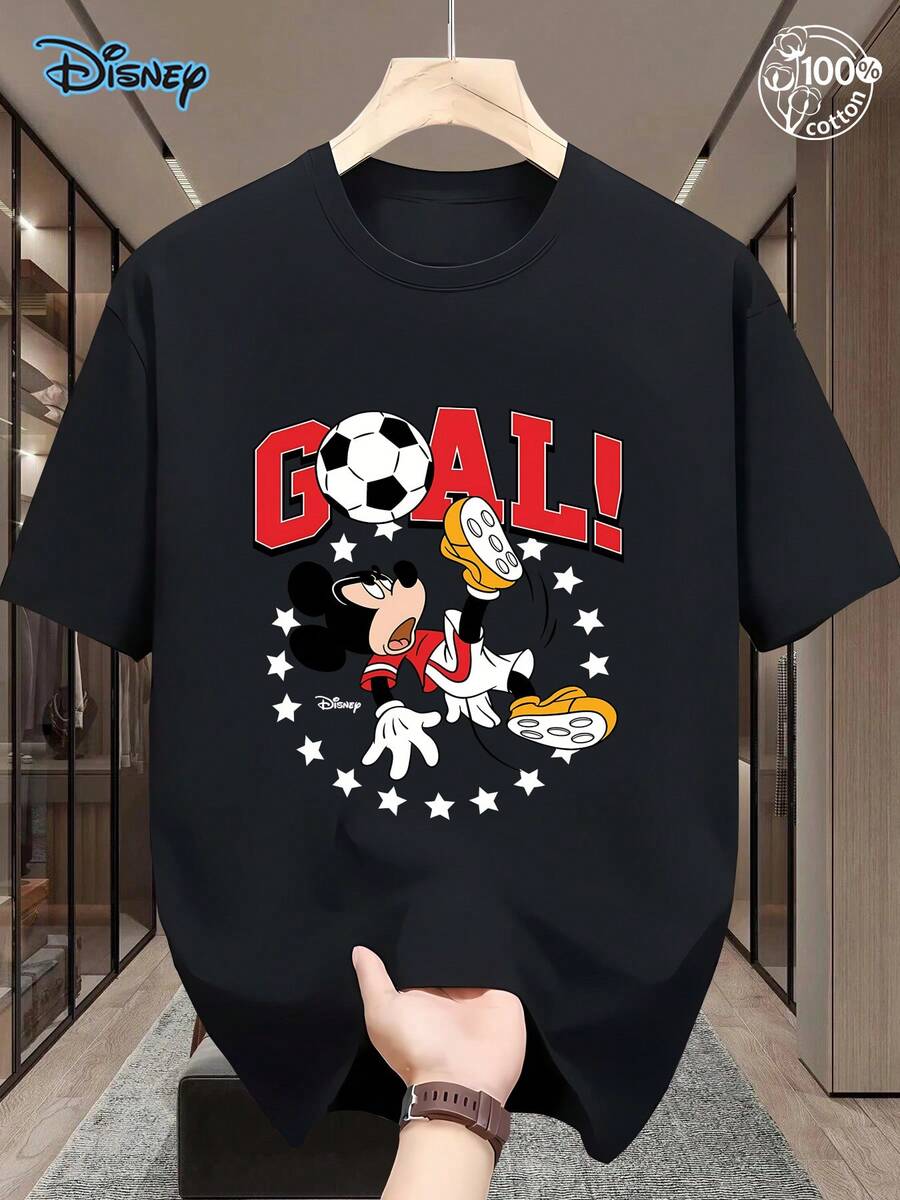 [Disney Authorization] Disney - Mickey And Friends - Mickey Mouse Achievement Goals - Football T-Shirts, Streetwear, Men's Summer Fashionable Casual Tops, 220g Pure Cotton Disney Printed Round Neck Short Sleeved T-Shirts, Unisex T-Shirts, Disney Family Travel Vacation Gift Shirts, Football Enthusiasts, Y2K Style Outfit, Ball Sports T-Shirts, Comfortable T-Shirt - Black - View 1