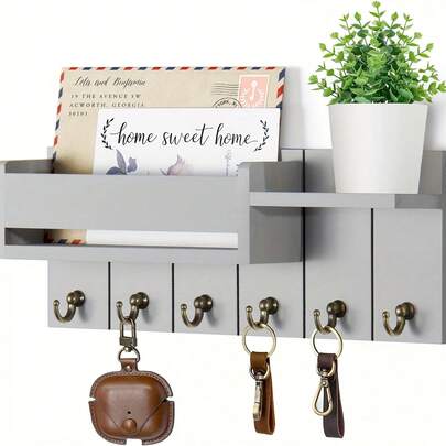 Rustic Wooden Wall-Mounted Key Holder With Mail Organizer Tray | Painted End, Space-Saving Design, Suitable For Entryway, Kitchen, Living Room, Bathroom