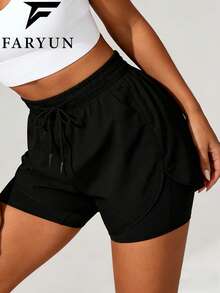 Pantalones cortos de mujer para exteriores 2 en 1, diseño minimalista de unicolor con cordón, adecuados para camping al aire libre, correr - Negro - Ver 11