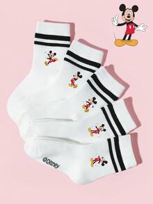 Disney 5 pares de calcetines, calcetines de campus de doble barra para niños de primavera/verano, calcetines deportivos casuales y versátiles con encaje, decorados con un patrón adorable de Mickey Mouse, suaves, transpirables y absorbentes, adecuados para viajes, campus, deportes, regalos festivos, vuelta al colegio y uso diario. - Multicolor - Ver 4