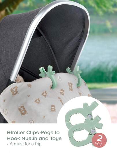 2 piezas Clips para cochecito de bebé, sujetadores grises y verdes, clips para mosquitero de bebé, plástico para fijar mantas/juguetes, artículos de viaje prácticos para cochecito, cuna, carrito, para uso en todas las estaciones