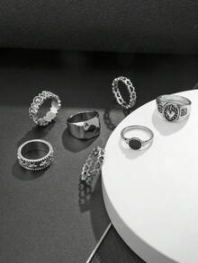 Set de 7 anillos geométricos de estilo punk, para uso diario casual para hombres - Plateado - View 3