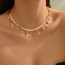 1 pieza Collar con colgante de estrella de mar y concha, de estilo minimalista y elegante, de múltiples capas, para vacaciones - Amarillo Oro - Ver 5