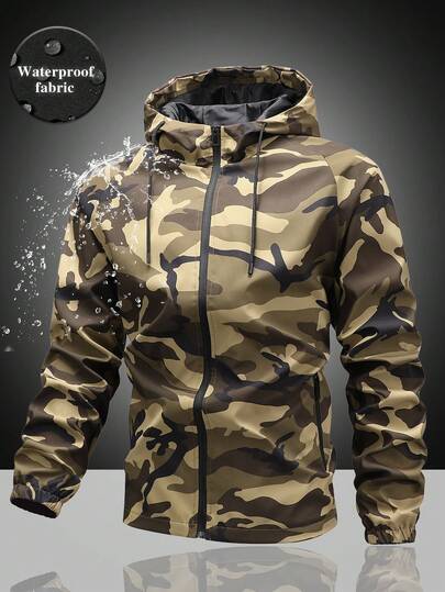 Men's Long Sleeve Casual Hooded Drawstring Versatile Windproof Sports Camo Print Design Fashion Rave Jacket, All Season, For Fall