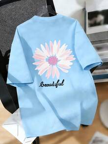 Tween Girl Floral Print Round Neck T-Shirt, Summer Top - Baby Blue - View 6