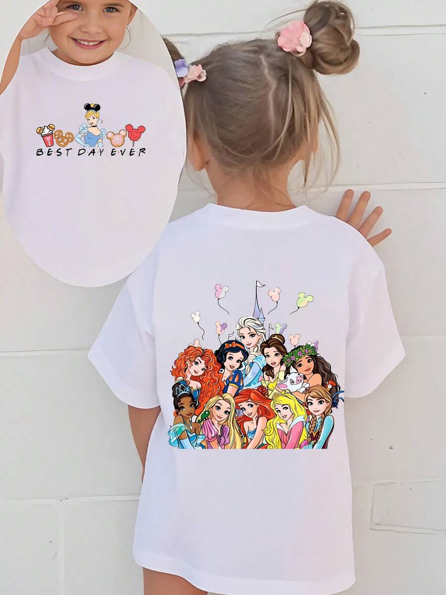 Disney Princesses And Mickey Mouse Best Day Ever Double-Sided Printed Pattern T-Shirts For Girls - Children's Clothing Design Short-Sleeved Casual And Cute Style Comfortable And Casual Wear All Year Round Suitable For Parties And Play Machine Washable Gift Children's Clothing Girls' Short-Sleeved Shirts - White - View 1