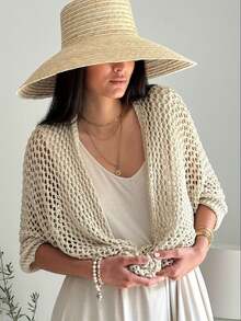 女士夏季休闲镂空宽松半袖针织开衫上衣 - 杏色 - 查看 4
