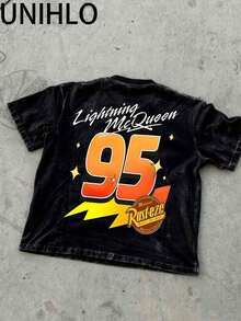 Disney UNIHLO   Lightning Mcqueen   Printed Summer Heavyweight Retro Washed Street Fashion Casual T-Shirt - 黑色 - 查看 5