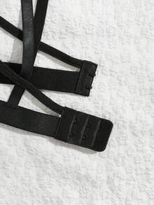 Fashionable French Charm Hollow Design, Sexy Mesh Sheer Black Bra, Alluring Semi-See-Through Lingerie With Low-Waist Thong - Black - View 5