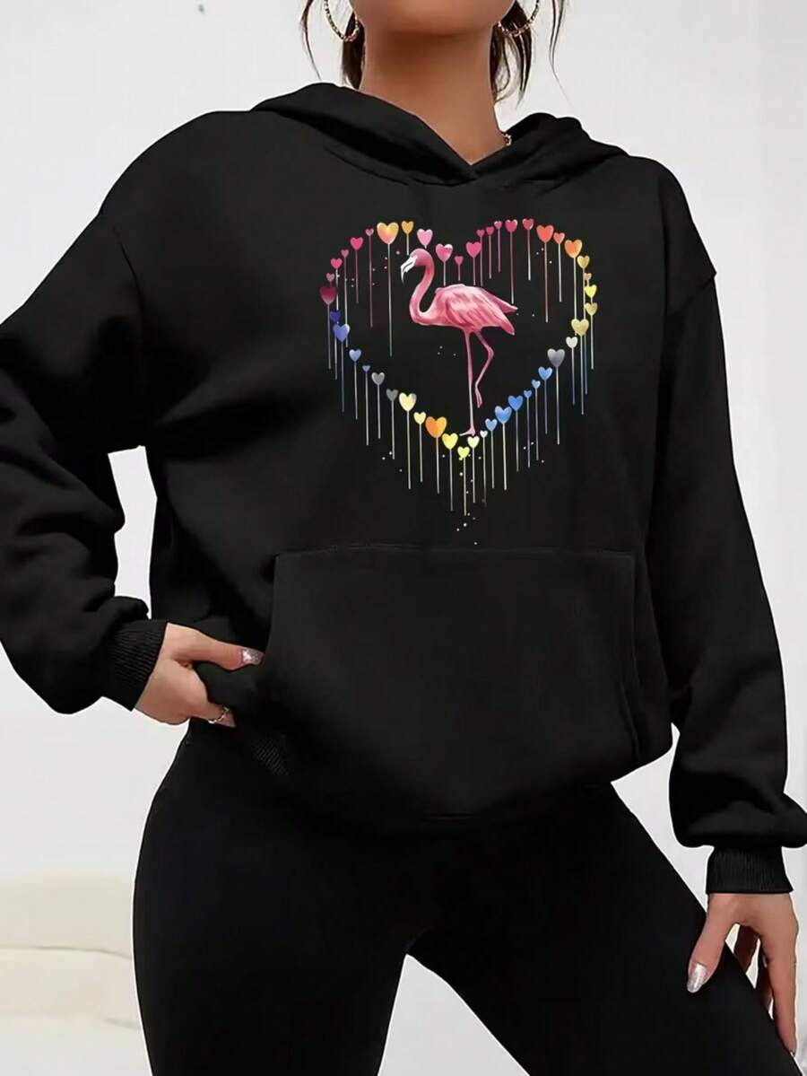 Moletom Canguru Feminino Corações e Flamingo Capuz e Bolso Estiloso e Delicado Quentinho Algodão de Qualidade - Preto - Visão 1