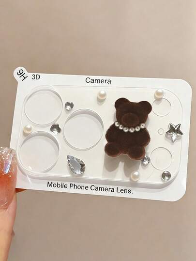 可爱3D小熊水晶珍珠防刮透明底座相机镜头保护膜，兼容 17 Pro Max/17 Pro，耐用透明保护层相机镜头盖