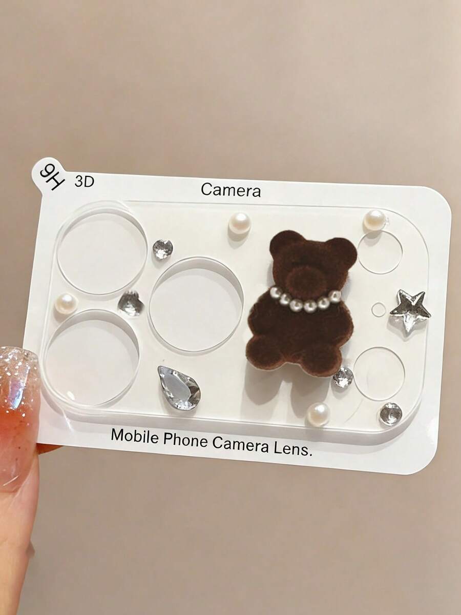Cute 3D Bear Crystal Pearl Scratch-Resistant Transparent Base Camera Lens Protector, Compatible With IPhone 17 Pro Max/17 Pro, Durable Clear Protective Layer Camera Lens Cover - Pearl Dark Brown Bear - View 1