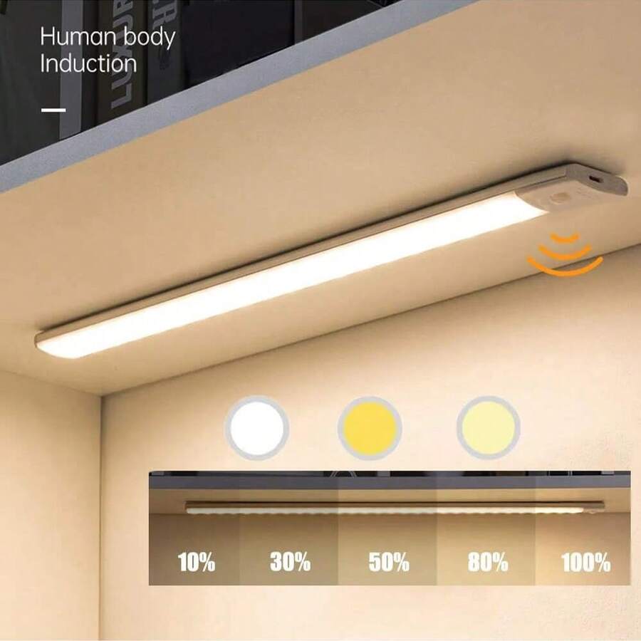 1 Đèn cảm biến nhiệt độ 3 màu dán cho tủ quần áo, Đèn cảm biến ánh sáng ấm thanh dài có 3 chức năng: Bật liên tục + Cảm biến, Đèn ngủ tủ không dây có thể sạc lại - trắng - Xem 1