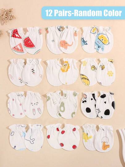 12 Pairs Newborn Infant Cartoon Print Comfortable Breathable Mittens With Anti-Eating For Girls And Boys, All Seasons