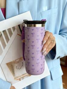 1pc 500ml Ins Style Heart & Bow Stainless Steel Double Wall Insulated Coffee Cup, Tumbler, Travel Mug, Tea Cup, Water Bottle, Suitable For Travel, Office, Home, School, Car, Christmas, Mother's Day, Valentine's Day, Birthday Gift - Multicolor - View 6