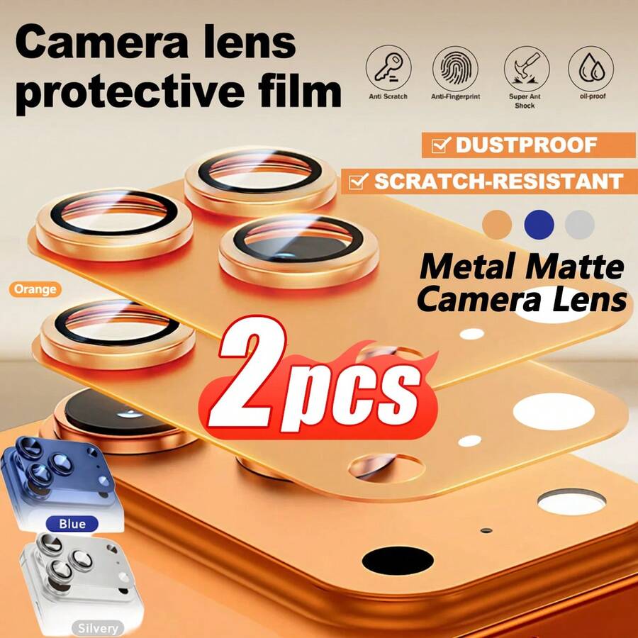 ZYONS 2pcs 9H Metal Matte Lens Protector Compatible With IPhone 17 Pro Max/Pro/Air/17 - Orange/Silver/Blue, Alloy Metal Protector, Anti-Fingerprint/Anti-Glare/Anti-Scratch, Metal Armor Protection, No Bubbles, Easy Installation, Compatible With Phone Case, Ultra-Clear Shooting, Minimalist Camera Lens Cover