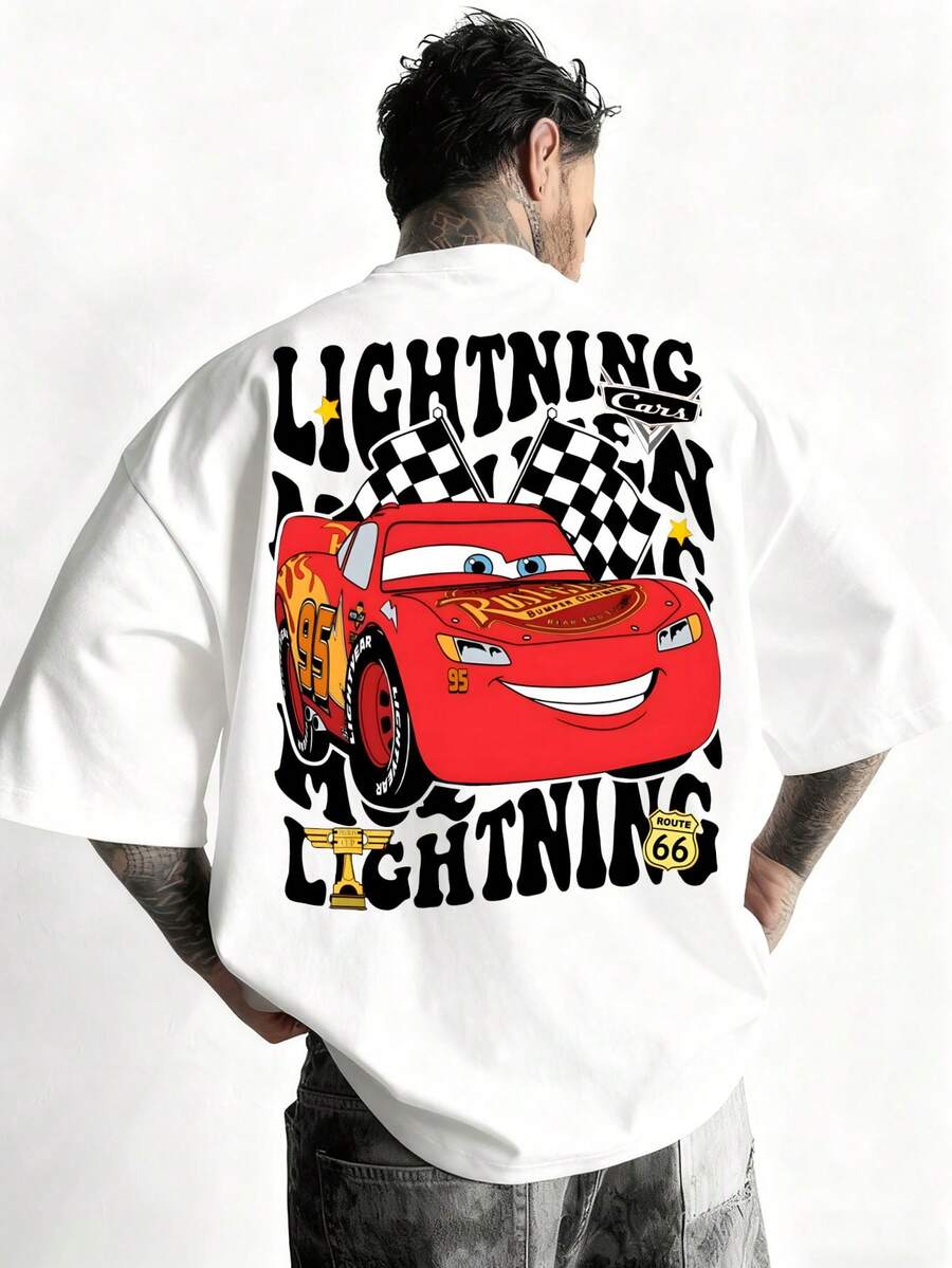 Disney-Retro Racing Style | Lightning McQueen Men's T-Shirt Soft Skin Friendly Loose Fit Daily Versatile Top - trắng - Xem 1