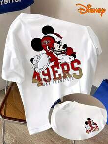 Disney Men's Casual T-Shirt, Mickey Mouse Football Print, Skin Friendly And Breathable, Fans And Disney Fans Alike Are Ecstatic, Eye-Catching And Versatile For Daily Street Outings - White - View 1