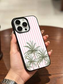 1PC+Compatible With IPhone 17/16 Pro Max/15 Plus/14 Pro+Fresh Vacation+Lychee Pattern Material+Phone Protective Case+Ins Seaside Style+Pink And White Stripes+Palm Tree Pattern+All Inclusive Anti Fall+Precise Hole Position - Black - View 3