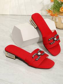 Chic Feet 红色罗纹凉拖鞋 | 方头低跟穆勒鞋，饰有水钻搭扣 - 紅色 - 查看 4