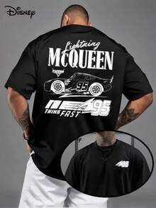 Authorized By Disney, Men's Short-Sleeved T-Shirt, The Line Drawing Of Lightning McQueen""THINK FAST In "Car Story", With Words Such As "Lightning McQueen" And "Think Fast", Is Full Of Racing Vitality And Animation Interest. Machine Washable, Comfortable And Breathable, It Is A Fashionable Gift For Disney And Fans Of Racing Story. - màu đen - Xem 1