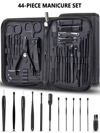 32/44pcs Black Nail Care Set, With Portable Zipper Case, Nail Clipper, Nail File, Ear Pick, Face & Hand Care Tools, Gift For Family & Friends