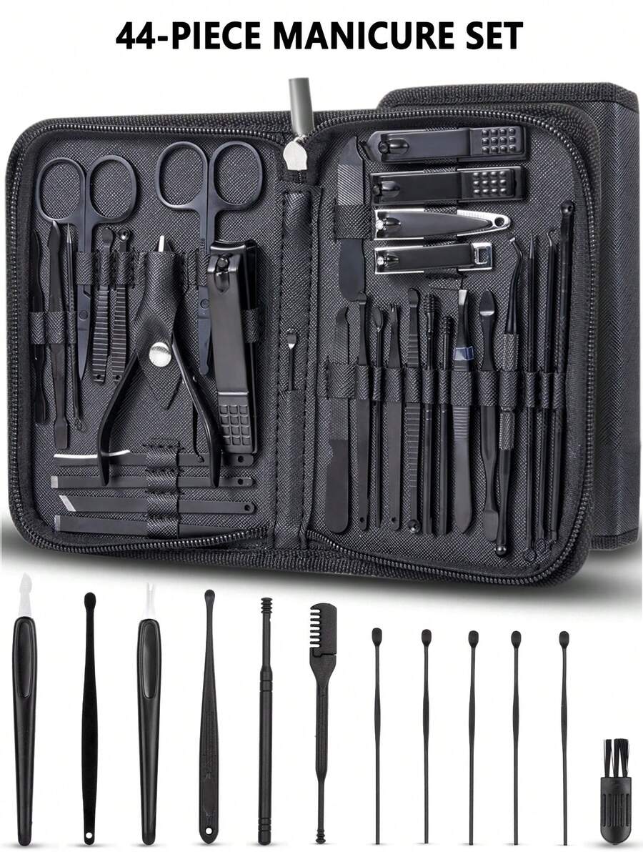 32/44pcs Black Nail Care Set, With Portable Zipper Case, Nail Clipper, Nail File, Ear Pick, Face & Hand Care Tools, Gift For Family & Friends - Multicolor - View 1