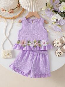 Baby Girls' Cute Solid Color Round Neck Sleeveless Ruffle Hem 3D Floral Top And Ruffle Hem Shorts 2 Piece Outfit, Suitable For Daily Outings In Spring/Summer - Purple - View 1