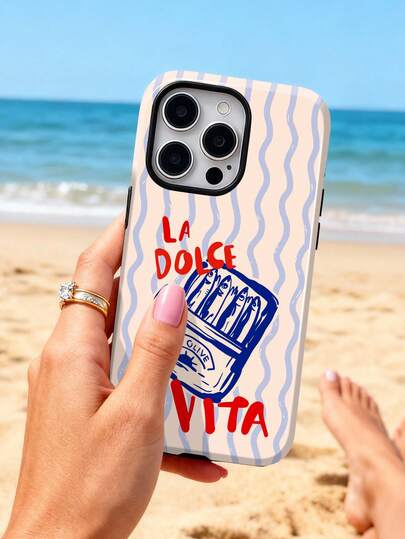 1pc Retro Vacation Striped Handpainted Sardine Slogan Glossy 2-In-1 Filmstrip Phone Case, Fit Compatible With Samsung/ 11/12/13/14/15/16/17 Pro Max